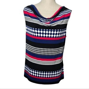 Tahari Arthur Levine Sleeveless Blouse Size L Pink Blue White Stripe Drape Neck